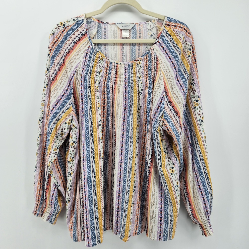 CJ Banks 2X‎ Multicolor Striped Floral Long Sleeve Blouse Boho Bohemian Top